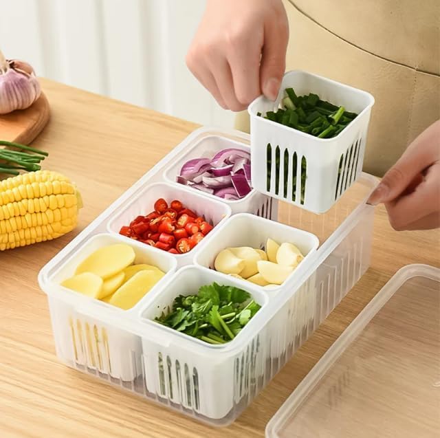 6-In-1 Kitchen Storage Box with Drain Basket – Refrigerator Fresh Keeping Food Container - Image 5