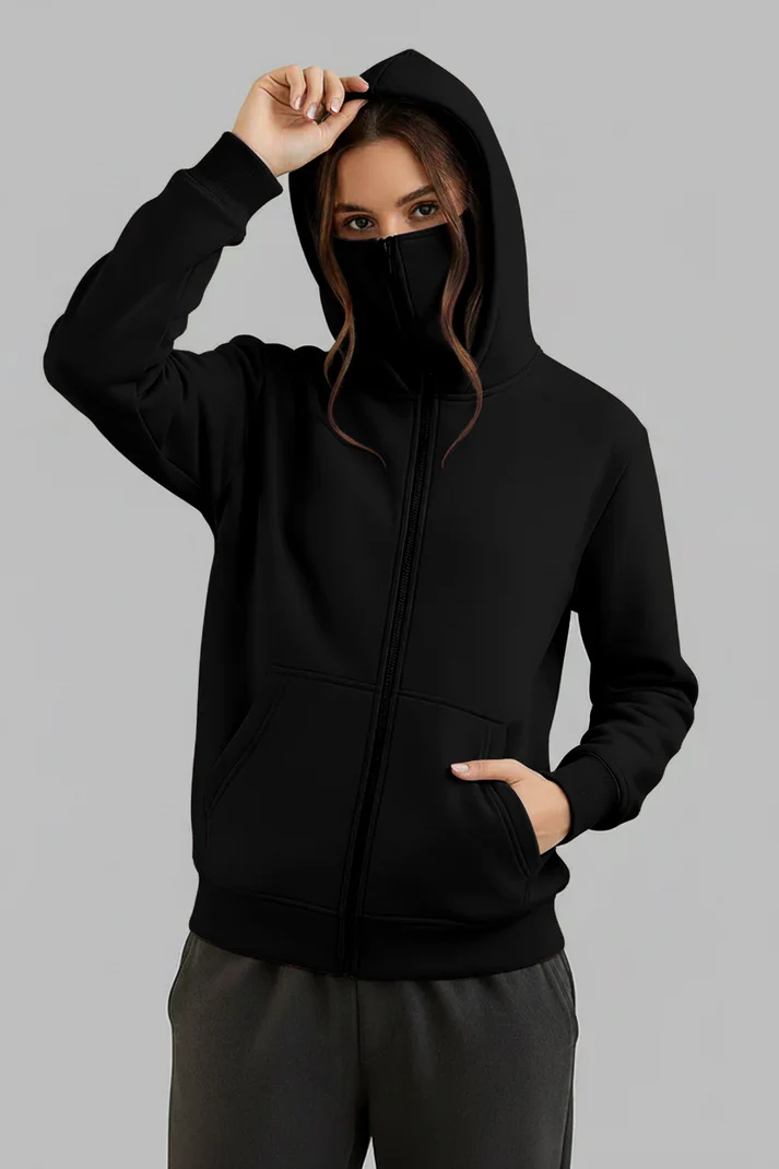 Balaclava Ninja Zipper Hoodie Jacket in Black For Women - Image 3