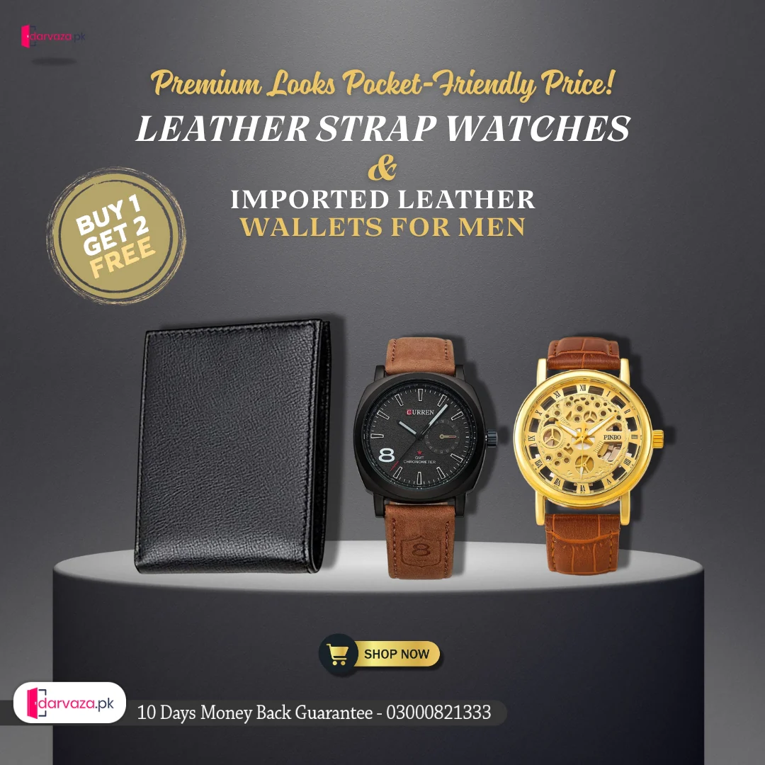 Buy 1 Get 2 Free Deal 2 Imported Leather Strap Wrist Watches & Original Leather Wallets For Men - Image 2