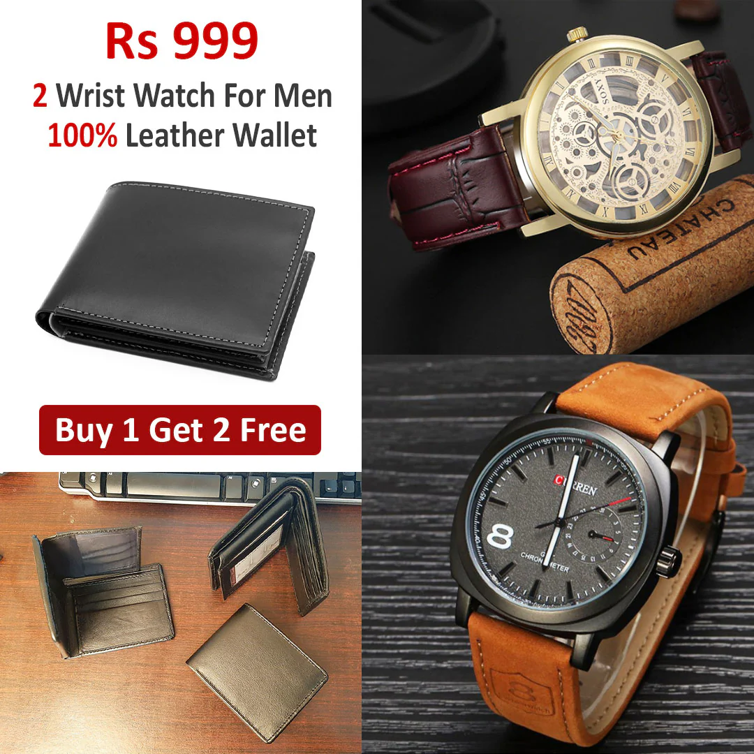 Buy 1 Get 2 Free Deal 2 Imported Leather Strap Wrist Watches & Original Leather Wallets For Men - Image 4