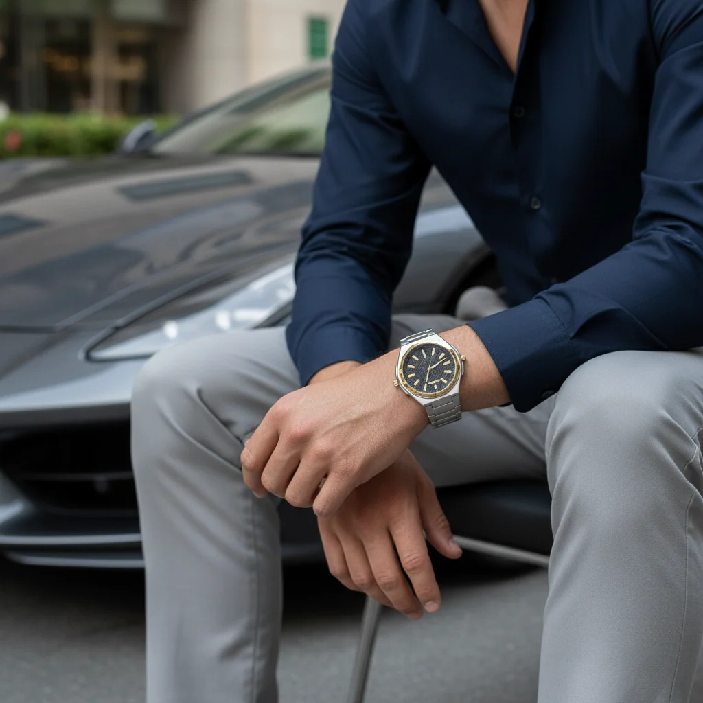 Danel Imperial Silver & Black Dial with Gold-Line Men Watch - Image 2