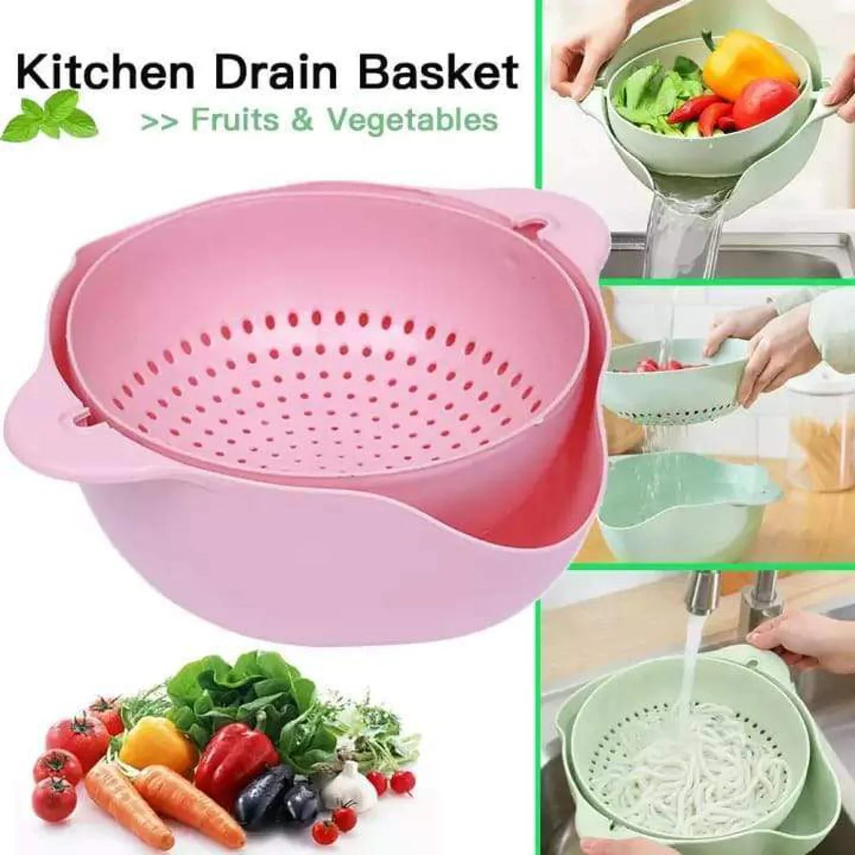 Double Layer Fruit Vegetable Washing Bowl Household Kitchen Sink Rotatable Drainer for Home and Kitchen - Image 2