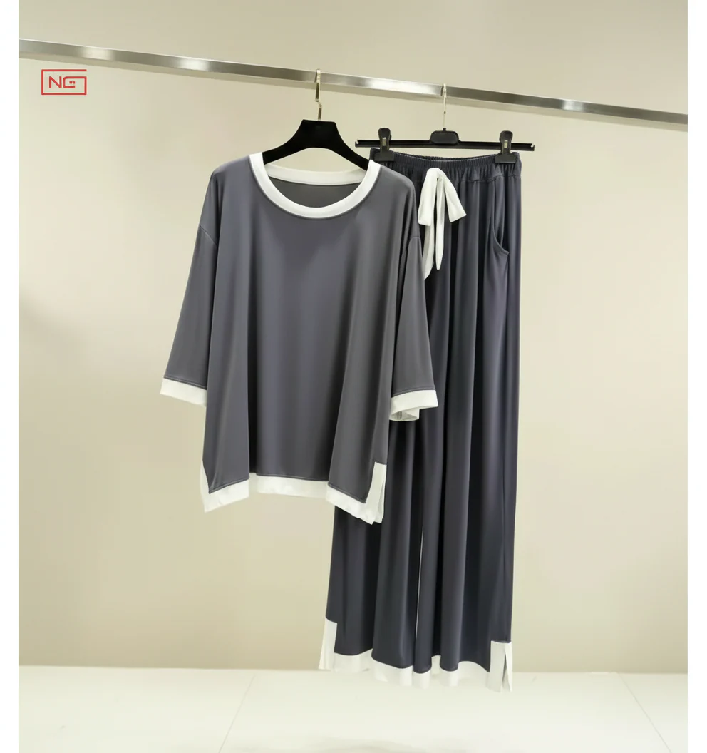 Grey White Round Neck Plazzo PJ Set - Image 3