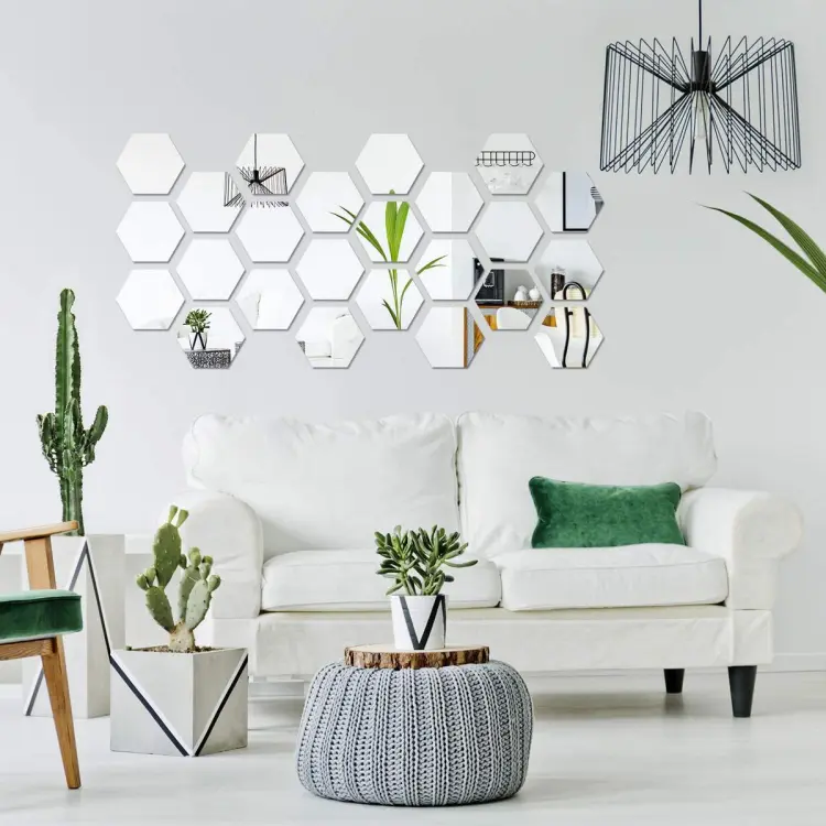 Hexagon 12 Pcs 3D Acrylic Hexagon Sliver Mirror Stickers for Wall - Image 3