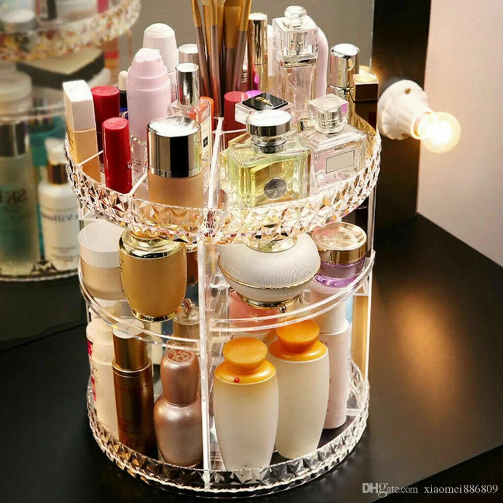 Makeup Organizer 360-Degree Rotating Cosmetic Storage Box with Adjustable & Large Capacity in Diamond Pattern - Image 2