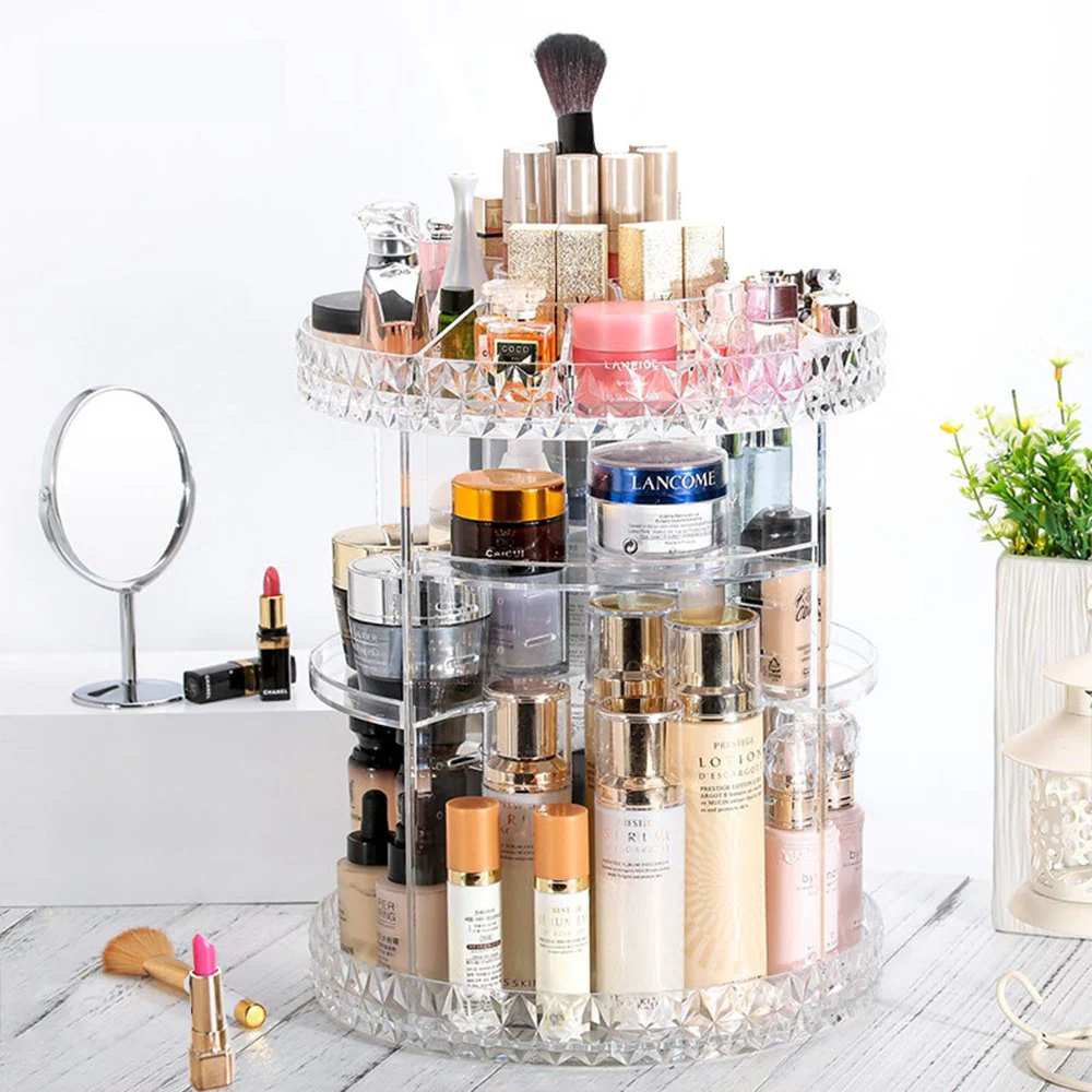 Makeup Organizer 360-Degree Rotating Cosmetic Storage Box with Adjustable & Large Capacity in Diamond Pattern - Image 3