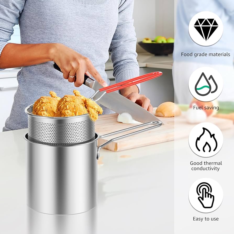 Multi Functional Stainless Steel Rust Resistant 1200ML Deep Fryer Pot with Strainer Basket and Long Handle Kitchen Oil Frying Pot Kettle for Home Use - Image 5