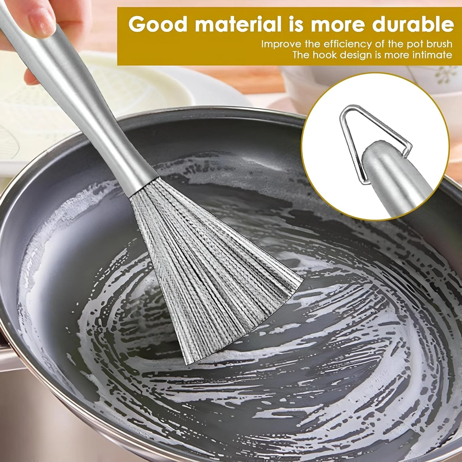 (Pack of 2) Multifunctional Long Handle Stainless Steel Pot Cleaning Brush Tool for Kitchen Use - Image 4