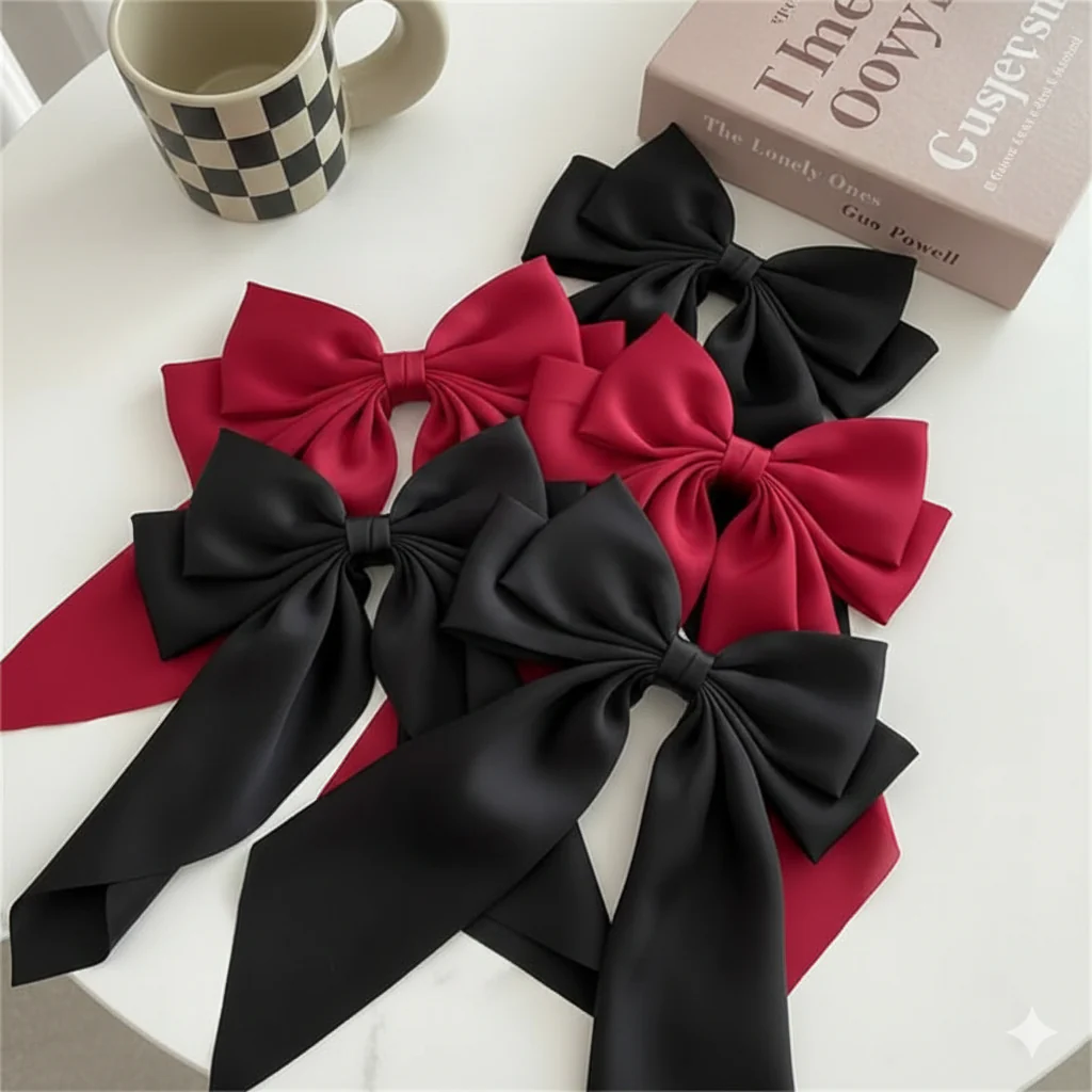 Pack of 2 Elegant Bow Ribbon Hair Clip Fashion Simple Solid Satin Spring Clip Hair Pin Retro Headband with Clips Girls Hair Accessories - Image 6