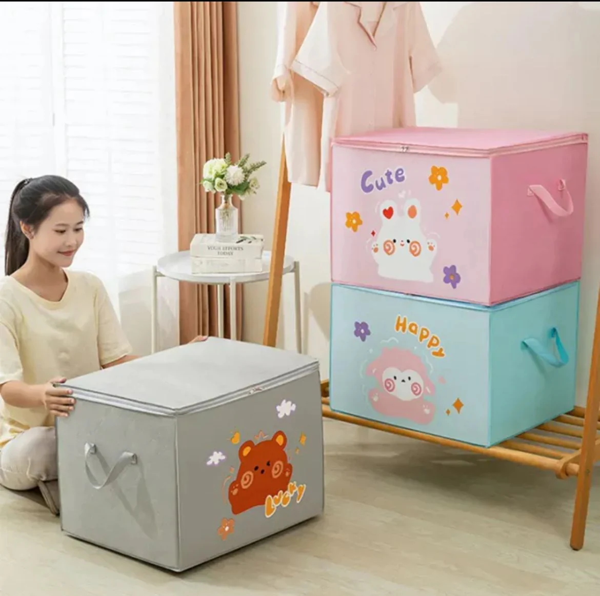 (Pack of 3) Cartoon Animal Foldable Storage Organizer Bags with Zippers And Handles - Image 2