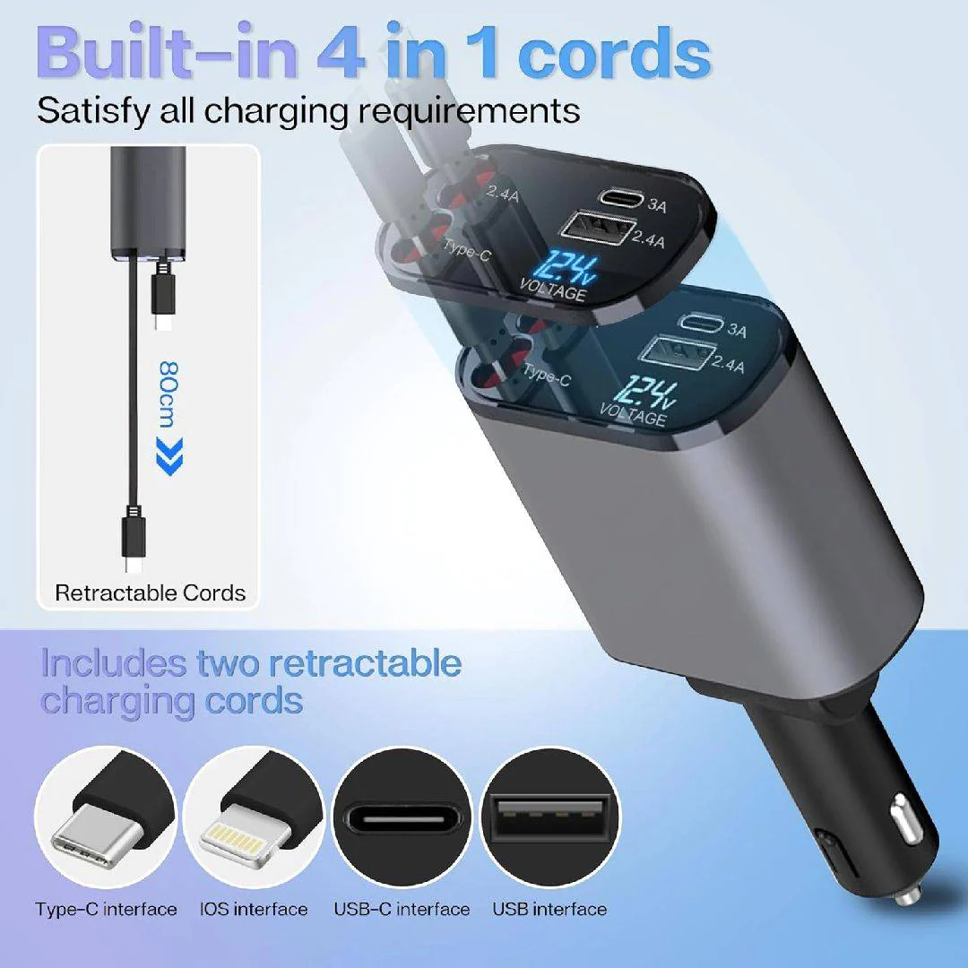 Upgraded 4 in 1 Retractable Car Charger 120W Super Fast Car Phone Charger Adapter - Image 3