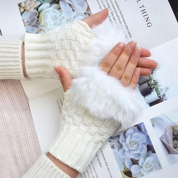 Winter Faux Fur Warm Knitted Half Finger Gloves Pair For Women - Image 7