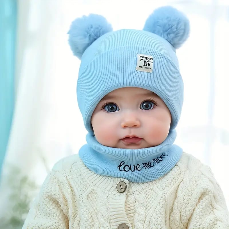 Woolen Warm Double Pom Pom Cap Beanie Hat and Muffler Winter Accessories for Baby Boys and Girls - Image 4